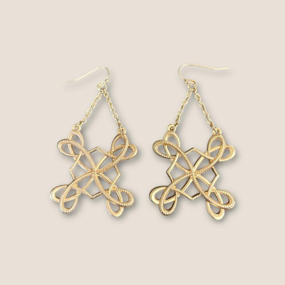 Open Filigree Scroll Gold-Tone Dangle Drop Earrings Vintage Jewelry - Picture 2 of 2